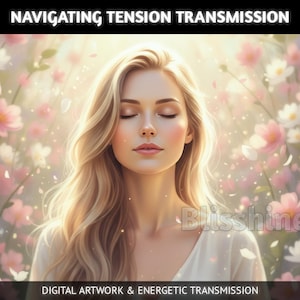 Puede incluir: Ilustración digital de una mujer con cabello rubio largo y ojos cerrados, rodeada de flores rosas y blancas. El texto "NAVIGATING TENSION TRANSMISSION" y "DIGITAL ARTWORK & ENERGETIC TRANSMISSION" es visible. La palabra "Blisshine" también está presente.