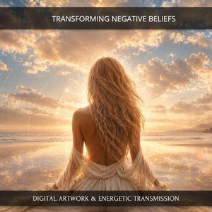 Può includere: Opera d'arte digitale raffigurante una persona con lunghi capelli biondi, di fronte a una spiaggia al tramonto. Il cielo è pieno di nuvole e il testo "Transforming Negative Beliefs" e "Digital Artwork & Energetic Transmission" sono visualizzati.