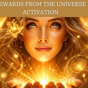 May include: A digital illustration featuring the text REWARDS FROM THE UNIVERSE ACTIVATION above a person with golden hair and glowing eyes. The scene is filled with bright golden light, sparkling stars, and circular geometric patterns.