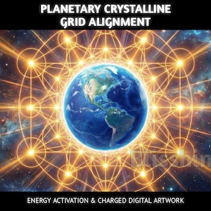 May include: Digital artwork featuring a blue and green Earth surrounded by a golden geometric grid. The image includes the text "PLANETARY CRYSTALLINE GRID ALIGNMENT" and "ENERGY ACTIVATION & CHARGED DIGITAL ARTWORK". The background is a nebula.