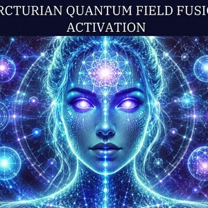 Puede incluir: Una ilustración digital con el texto ARCTURIAN QUANTUM FIELD FUSION ACTIVATION sobre un rostro azul brillante con ojos luminosos, rodeado de patrones geométricos complejos, orbes de luz y puntos estelares sobre un fondo oscuro.