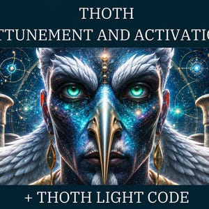 May include: A digital illustration of a figure with a bird-like beak and glowing green eyes, set against a cosmic background with celestial patterns and Egyptian-style columns. The text reads THOTH ATTUNEMENT AND ACTIVATION + THOTH LIGHT CODE.