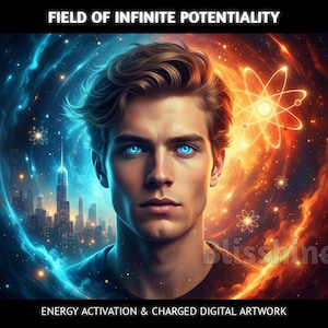 Può includere: Opera d'arte digitale raffigurante un uomo con occhi blu brillante, sullo sfondo di energia vorticosa e un paesaggio urbano. L'immagine include il testo "FIELD OF INFINITE POTENTIALITY" e "ENERGY ACTIVATION & CHARGED DIGITAL ARTWORK".