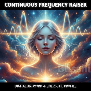 May include: Digital artwork featuring a woman with closed eyes, surrounded by swirling clouds in shades of blue, orange, and gold. The image includes the text "CONTINUOUS FREQUENCY RAISER" and "DIGITAL ARTWORK & ENERGETIC PROFILE". A glowing light emanates from the woman's chest.