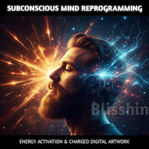 Puede incluir: Obra de arte digital que representa a un hombre con barba, ojos cerrados, con energía irradiando de su rostro. La imagen contiene el texto "Subconscious Mind Reprogramming" y "Energy Activation & Charged Digital Artwork". La palabra "Blisshine" también es visible.