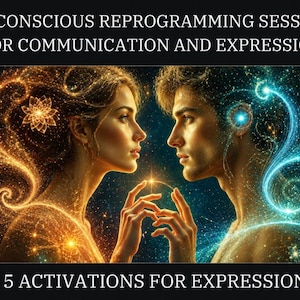 May include: Digital artwork featuring two profiles facing each other, one surrounded by golden light and the other by blue light, with the text SUBCONSCIOUS REPROGRAMMING SESSIONS FOR COMMUNICATION AND EXPRESSION and + 5 ACTIVATIONS FOR EXPRESSION.