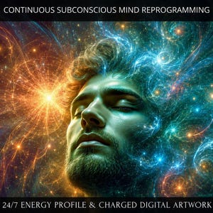 Op de afbeelding: Digitaal kunstwerk met een man met gesloten ogen, omgeven door wervelende energie in tinten van oranje, blauw en groen. De tekst bovenaan luidt "CONTINUOUS SUBCONSCIOUS MIND REPROGRAMMING" en onderaan "24/7 ENERGY PROFILE & CHARGED DIGITAL ARTWORK."