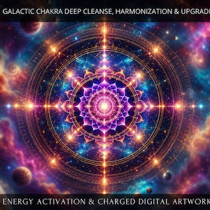 May include: Digital artwork featuring a vibrant, cosmic design with a central mandala. The artwork is dominated by shades of purple, blue, and orange, with celestial bodies and glowing orbs. Text at the top reads "GALACTIC CHAKRA DEEP CLEANSE, HARMONIZATION & UPGRADE".