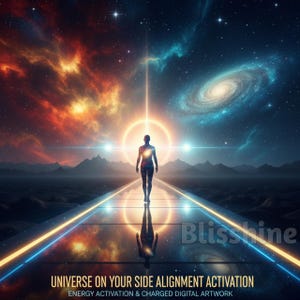 May include: Digital artwork showing a silhouetted figure walking towards a bright light, with a cosmic background split between fiery orange and deep blue. The image includes text that reads "UNIVERSE ON YOUR SIDE ALIGNMENT ACTIVATION" and "ENERGY ACTIVATION & CHARGED DIGITAL ARTWORK".