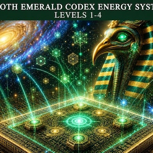 May include: Digital artwork featuring a cosmic scene with a galaxy and geometric shapes. The image includes a detailed depiction of an Egyptian deity with a bird head, and the text "THOTH EMERALD CODEX ENERGY SYSTEM LEVELS 1-4". The color palette includes green, gold, and blue.