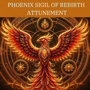 May include: A digital illustration featuring a central phoenix with outstretched wings in shades of orange, red, and gold. The bird is set against a circular geometric sigil with a sun and lotus symbol. Text reads: PHOENIX SIGIL OF REBIRTH ATTUNEMENT.
