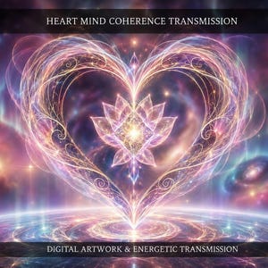 May include: Digital artwork featuring a glowing heart-shaped design with a lotus flower at its center. The image has a cosmic background with the text "HEART MIND COHERENCE TRANSMISSION" and "DIGITAL ARTWORK & ENERGETIC TRANSMISSION".