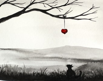 Heart and a Black Cat - original painting