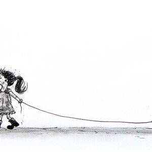 May include: A black and white line drawing of a girl pulling a large, green, egg-shaped object on a small, wheeled cart.