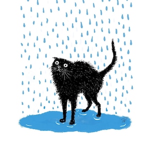 Op de afbeelding: Een zwarte kat staat in een plas water onder een blauwe wolk met regendruppels die eruit vallen.
