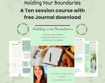 以下が含まれることがあります： 無料ジャーナルダウンロード付きの「Holding Your Boundaries」という10セッションコースのプロモーション画像。画像には、ワークブック、ジャーナル、ペン、メガネ、コース講師の写真が写っています。テキストには「境界線を評価、設定、維持するためのステップバイステップのワークブック」と書かれています。