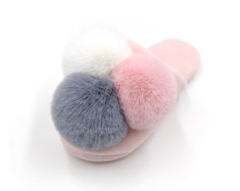 Pompom Slippers - Fun Winter Slippers - House Shoes - For Home or Outings