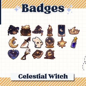 Insignias de Twitch de Bruja Celestial: paquete de insignias de magia lunar y estelar, iconos de bruja kawaii adorables, insignias de corona de poción de tarot de bola de cristal