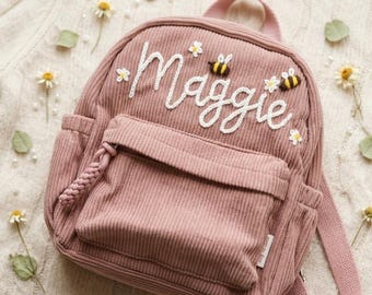 Personalisierte Cord Rucksack | Name Kleinkind Schultasche, Biene Stickerei