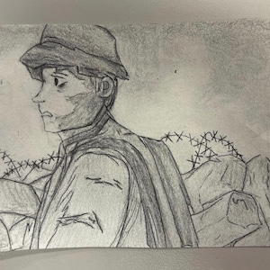 May include: Pencil sketch of a person in a hat, looking to the left with a somber expression. The drawing is in black and white, with a focus on the person's face and upper body. Barbed wire and rocks are in the background.