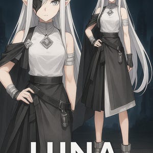以下が含まれることがあります： 長い白髪、眼帯、白黒の衣装のキャラクターのデジタルアート。 「LUNA」の文字が大きな白い文字で表示されています。 右上には「20% OFF」と書かれた金の正方形があります。