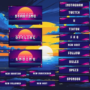 Puede incluir: Ilustración digital con una puesta de sol sobre un océano pixelado, con cuadros de texto para streaming. Los cuadros muestran frases como "Starting", "Offline" y "Ending". Cuadros adicionales enumeran plataformas de redes sociales y opciones como "Follow" y "Rules".