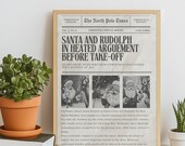 Santa & Rudolph Print, Christmas Rudolph Funny Printable, Trendy Newspaper Wall Art, Funny Christmas Wall Art, Newspaper Vintage Rudolph png