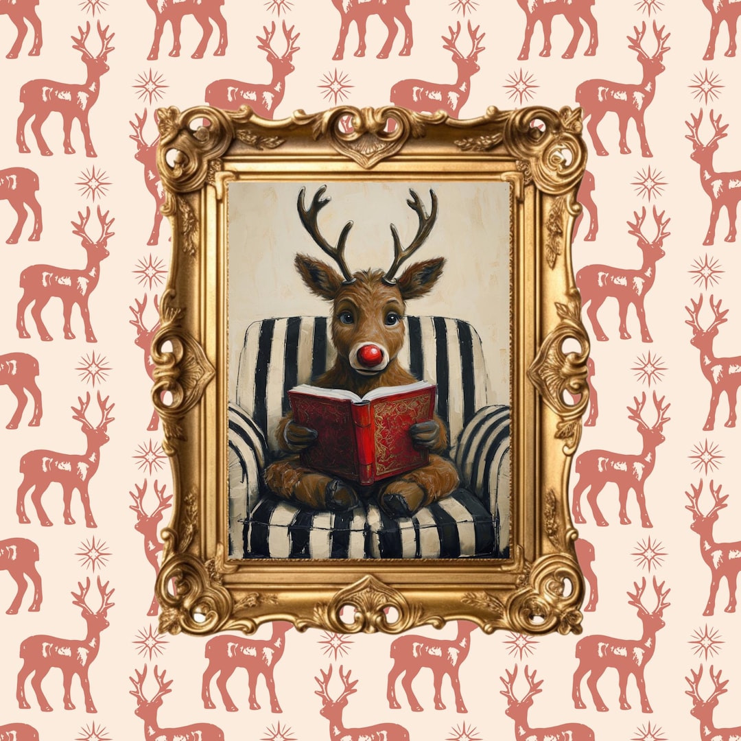 Vintage Rudolph Painting, Rudolph Reading a Book Painting Christmas