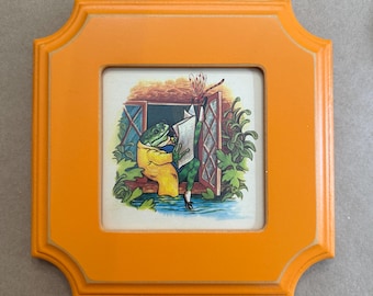 Vintage Jeremy Fisher Framed Book Illustration Wall Art | Bright Orange Wood Frame