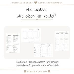 May include: A digital product with the text "DIGITALES PRODUKT" and "SOFORT DOWNLOADEN" at the top. The image features a meal planning system with a weekly plan, shopping list, and meal plan. The text "Nie wieder: was essen wir heute?" is in the center.
