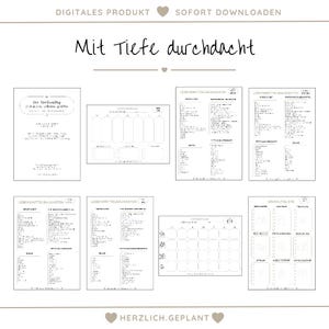 May include: A collection of printable digital planning pages in black and white. The pages include a weekly planner, grocery lists, and other organizational tools. The text "DIGITALES PRODUKT SOFORT DOWNLOADEN" is at the top, and "Mit Tiefe durchdacht" is in the center.