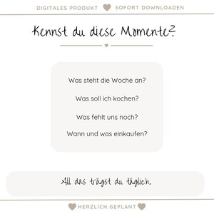 May include: A digital product with the text "DIGITALES PRODUKT" and "SOFORT DOWNLOADEN" at the top. The image features the question "Kennst du diese Momente?" and a list of questions. The text "All das tr&auml;gst du t&auml;glich" is at the bottom, with "HERZLICH.GEPLANT" below it.
