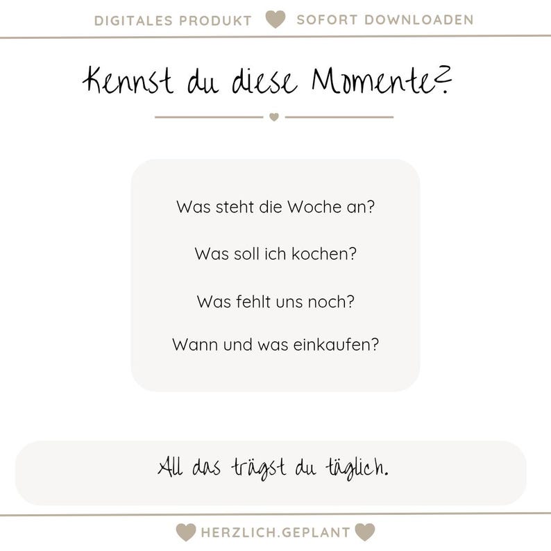 May include: A digital product with the text "DIGITALES PRODUKT" and "SOFORT DOWNLOADEN" at the top. The image features the question "Kennst du diese Momente?" and a list of questions. The text "All das tr&auml;gst du t&auml;glich" is at the bottom, with "HERZLICH.GEPLANT" below it.
