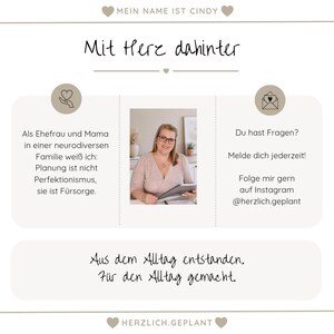 May include: A graphic with the text "MEIN NAME IST CINDY" and "Mit Herz dahinter." The image includes a photo of a woman wearing glasses and holding a notebook. Text includes "Du hast Fragen?" and "Aus dem Alltag entstanden."