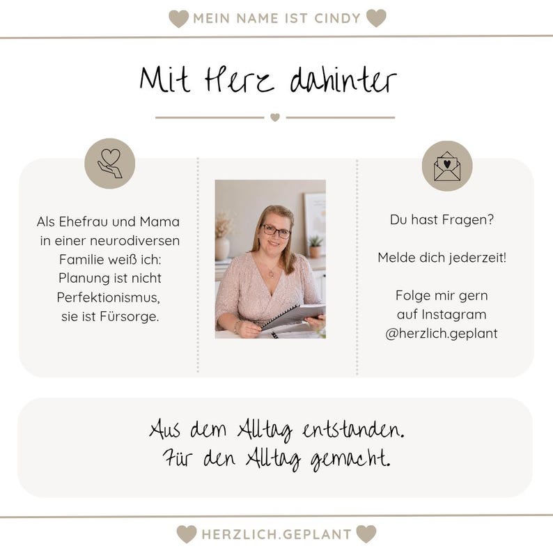 May include: A graphic with the text "MEIN NAME IST CINDY" and "Mit Herz dahinter." The image includes a photo of a woman wearing glasses and holding a notebook. Text includes "Du hast Fragen?" and "Aus dem Alltag entstanden."