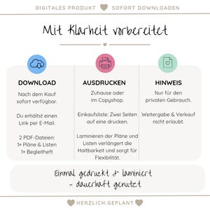 May include: A digital product graphic with text in German, including "DOWNLOAD," "AUSDRUCKEN," and "HINWEIS." The graphic details steps for use, such as downloading, printing, and laminating. The design is in soft colors with heart accents.