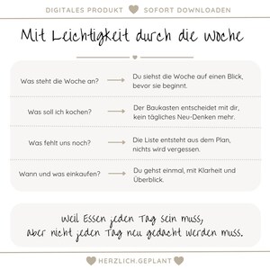 May include: A digital product with the text "Mit Leichtigkeit durch die Woche" and other German text. The image includes a list of questions and answers about weekly planning, with the phrase "Weil Essen jeden Tag sein muss, aber nicht jeden Tag neu gedacht werden muss."