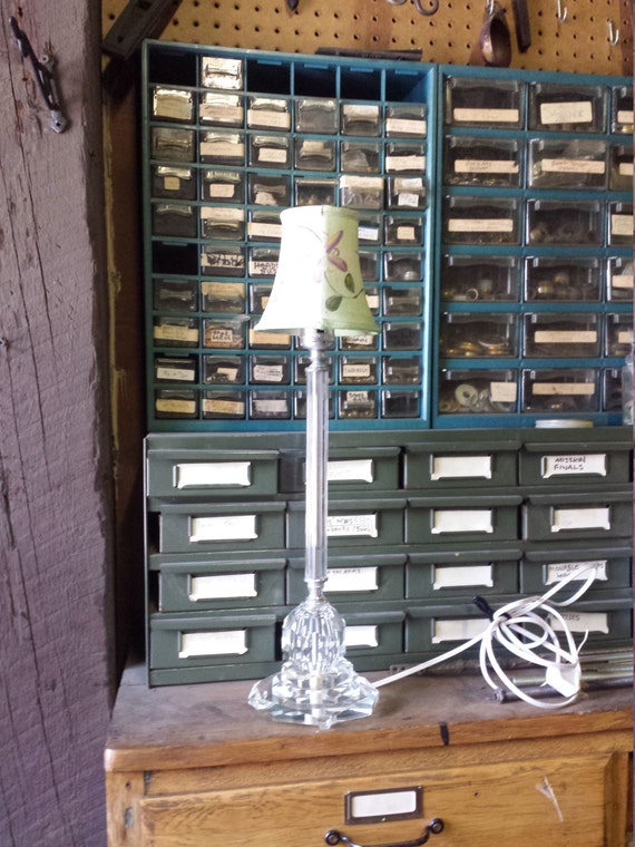 Candlestick Lamp Vintage Crystal Lamp Painted Shade Small Table Lamp