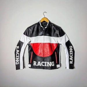 Men’s Custom Leather Moto Jacket – Vintage Black White Red Biker Style, Logo Option Available