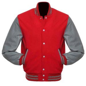 Red Varsity Jacket – Unisex Wool Letterman Bomber with Grey Leather Sleeves