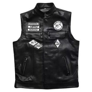 Men&#39;s Handmade Black Leather Biker Vest – Mongols Style Cowhide Motorcycle Waistcoat with Embroidered Patch