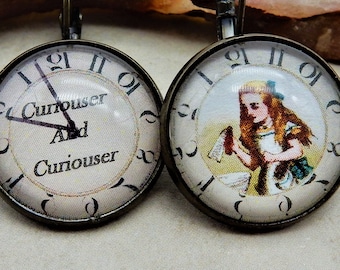 Alice in Wonderland, Curiouser and Curiouser, Alice and Bottle, Drink Me, Wonderland, Alice Wonderland EArrings, Book Lover