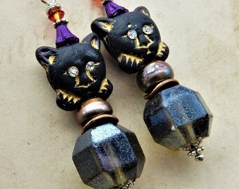 Black Cat Earrings, Halloween Black Cat, Retro Cat Earrings, Retro Halloween, Black Cat, Cat Jewelry