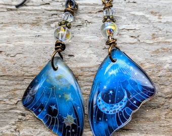 Blue Moon, Butterfly Wing Earrings, Moon Star, Resin Dangle Jewelry