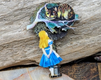 Alice In Wonderland, Cheshire Cat, Cat, Mad Tea Party, Purse Jewelry, Wooden, Brooch, Home Decor, Teacher, Librarian, Book Lover