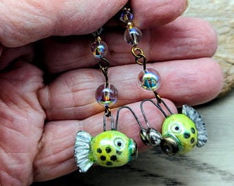 Fish Earrings, Fishing, Ocean, Whimsy, Whimsical, Underwater, Fisherman, Unusual, Lantern Fish