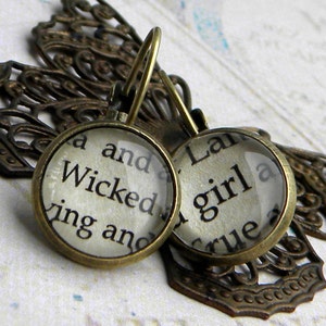 Wicked Earrings, WICKED Girl, Wicked Witch, Oz, WICKED, Word Earrings, Book Page Earrings, Book Jewelry, Book Earrings