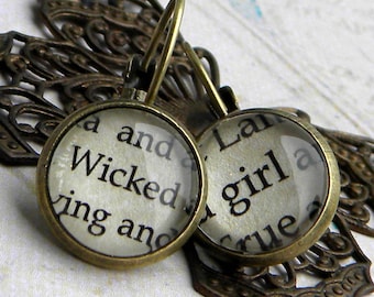 Wicked Earrings, WICKED Girl, Wicked Witch, Oz, WICKED, Word Earrings, Book Page Earrings, Book Jewelry, Book Earrings