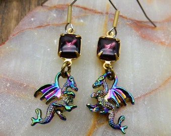 Dragon Earrings, Purple Dragon, Rainbow Dragon, Year of Dragon, Winged Dragon, Baby Dragon, Dragon Lover, Vintage Glass Stones