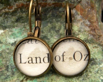 Word Earrings,  Wizard of Oz Jewelry, Oz Earrings,Book Earrings, Book Jewelry,  LAND Of OZ Earrings, Land Oz Jewelry, Dorothy Toto Earrings